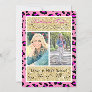 Gold Glitter Pink Cheetah Grad Announcement
