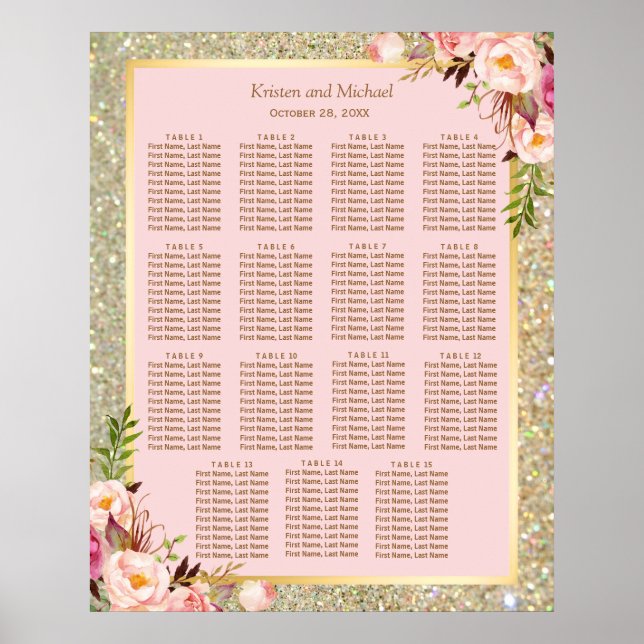 Gold Glitter Pink Floral 15 Tables Seating Chart (Front)