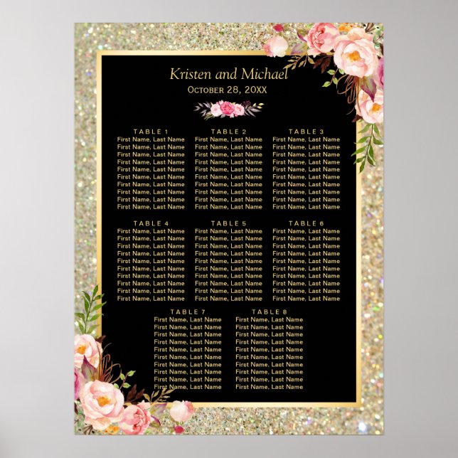 Gold Glitter Pink Floral 8 Tables Seating Chart (Front)