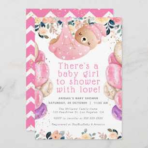 Gold Glitter Pink Floral Bear Girl Baby Shower Invitation