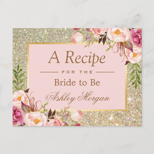 Gold Glitter Pink Floral Bridal Shower Recipe Card (Front)