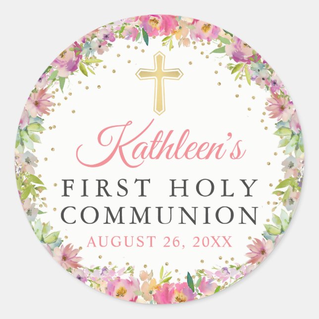 Gold Glitter Pink Floral First Holy Communion Classic Round Sticker (Front)