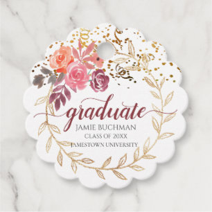 Gold Glitter Pink Floral Graduate Gift Favour Tags