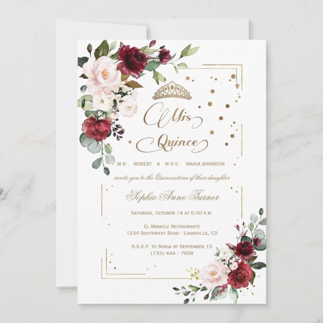 Gold Glitter Pink Floral Mis Quince Quinceañera Invitation (Front)