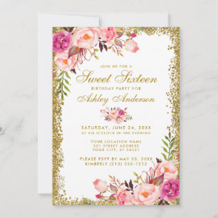 Gold Glitter Pink Floral Sweet 16 Birthday Invite