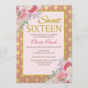 Gold Glitter Pink Floral Sweet Sixteen Birthday Invitation