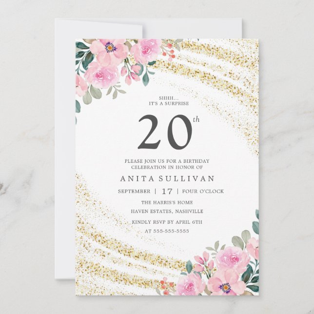 Gold Glitter Pink Floral Twenty 20th Birthday Invitation (Front)