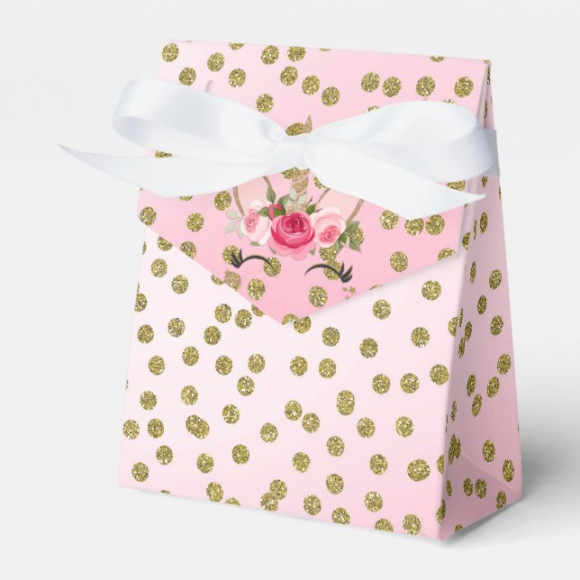 Gold Glitter & Pink Floral Unicorn Birthday Party Favour Box (Front Side)