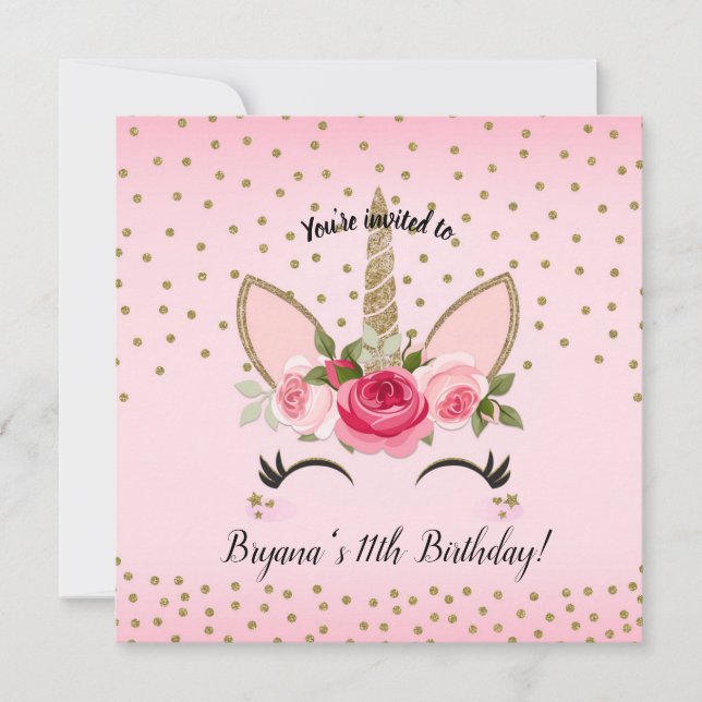 Gold Glitter & Pink Floral Unicorn Birthday Party Invitation (Front)