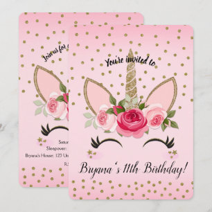 Gold Glitter & Pink Floral Unicorn Birthday Party Invitation