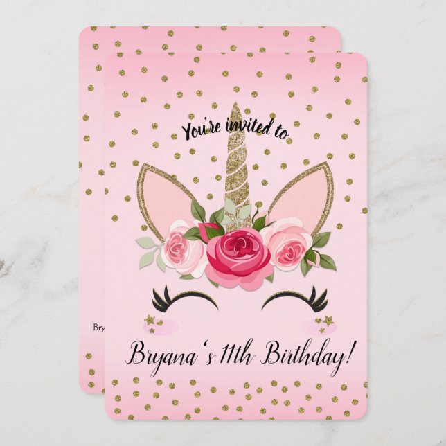 Gold Glitter & Pink Floral Unicorn Birthday Party Invitation (Front/Back)