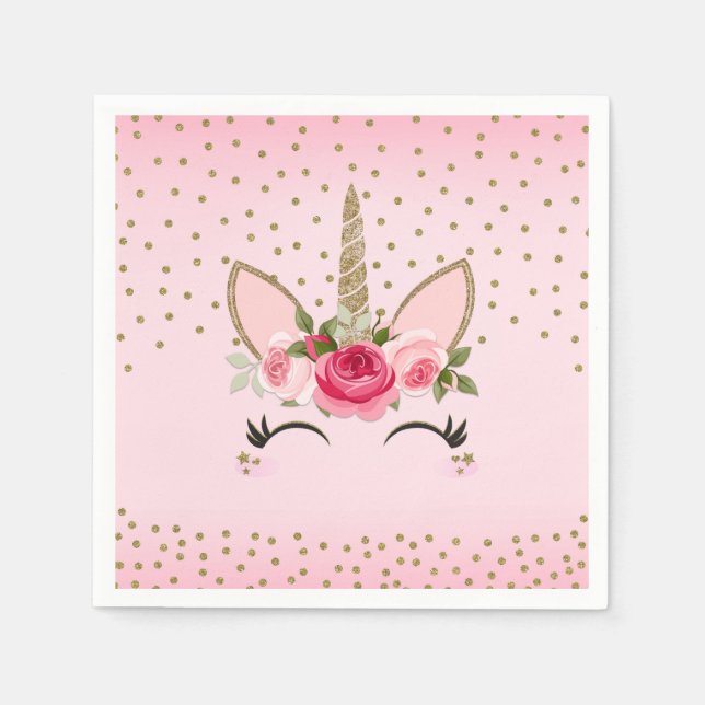 Gold Glitter & Pink Floral Unicorn Birthday Party Napkin (Front)