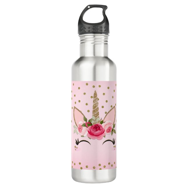 Gold Glitter & Pink Floral Unicorn Trendy 710 Ml Water Bottle (Front)