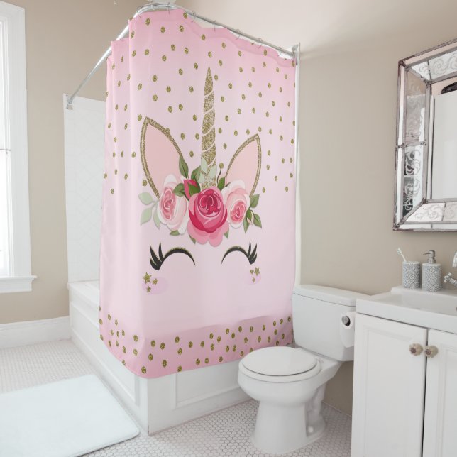 Gold Glitter & Pink Floral Unicorn Trendy Shower Curtain (In Situ)