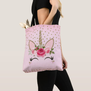 Gold Glitter & Pink Floral Unicorn Trendy Tote Bag