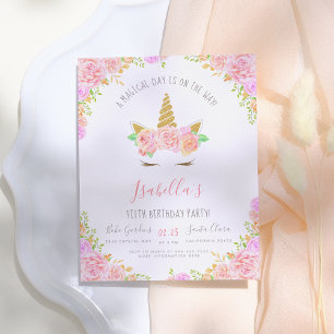 Gold Glitter & Pink Flowers Unicorn Birthday Party Invitation Postcard