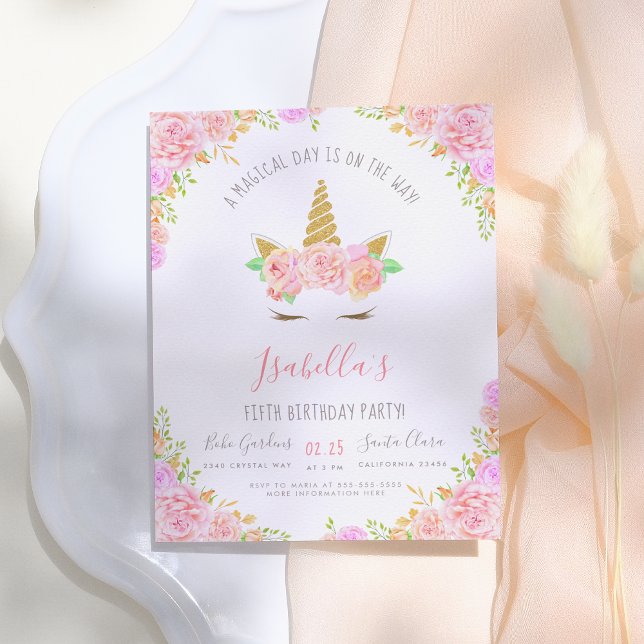 Gold Glitter & Pink Flowers Unicorn Birthday Party Invitation Postcard (Creator Uploaded)