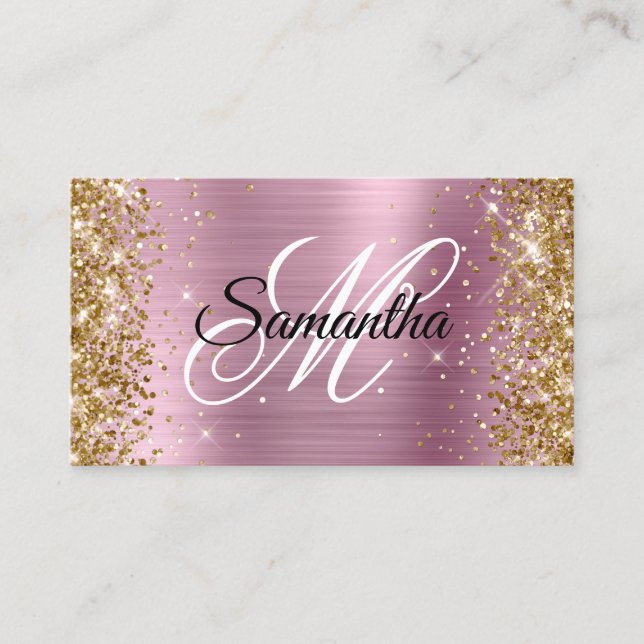 Gold Glitter Pink Foil Fancy Monogram Business Card (Front)