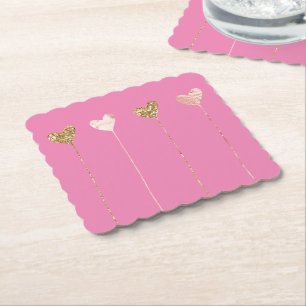 Gold Glitter Pink Glam Heart Strings Birthday Paper Coaster