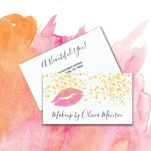 Gold Glitter Pink Lips Makeup Artist Business Card