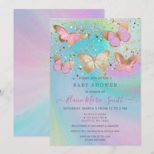 Gold Glitter Pink Purple Butterflies Baby Shower Invitation (Front/Back)