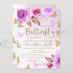 Gold Glitter Pink Purple Butterflies Baby Shower Invitation