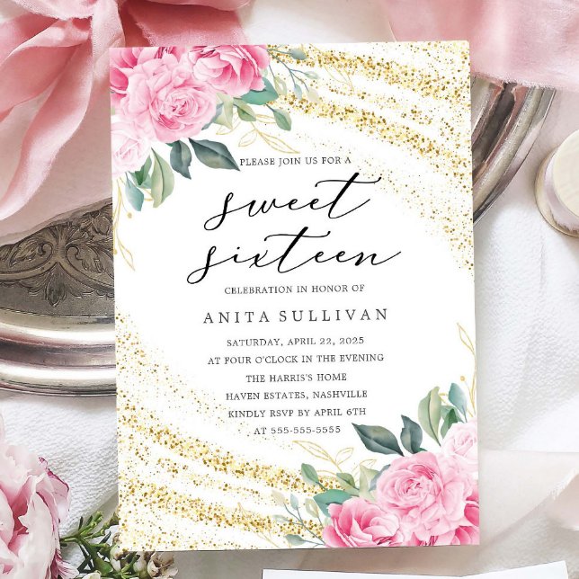 Gold Glitter Pink Rose Sweet Sixteen 16 Birthday Invitation (Creator Uploaded)