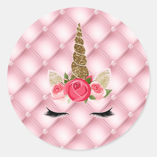 Gold Glitter & Pink Roses Unicorn Birthday Party Classic Round Sticker (Front)