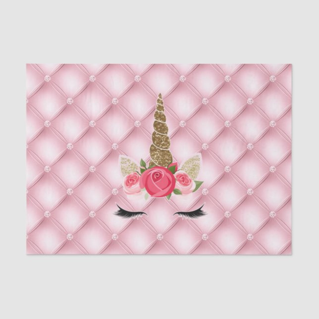 Gold Glitter & Pink Roses Unicorn Birthday Party Tissue Paper (Front)