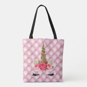 Gold Glitter & Pink Roses Unicorn Girl Trendy Tote Bag