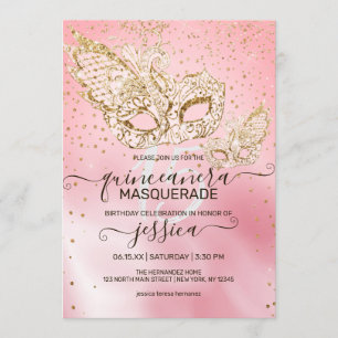 Gold Glitter Pink Silk Masquerade Quinceañera Invitation