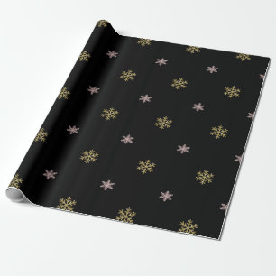 Gold glitter & pink snowflakes on black Christmas Wrapping Paper