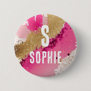 Gold Glitter Pink Splatter Monogram Personalised 6 Cm Round Badge