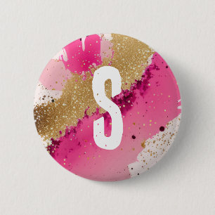Gold Glitter Pink Splatter Monogram Personalised 6 Cm Round Badge
