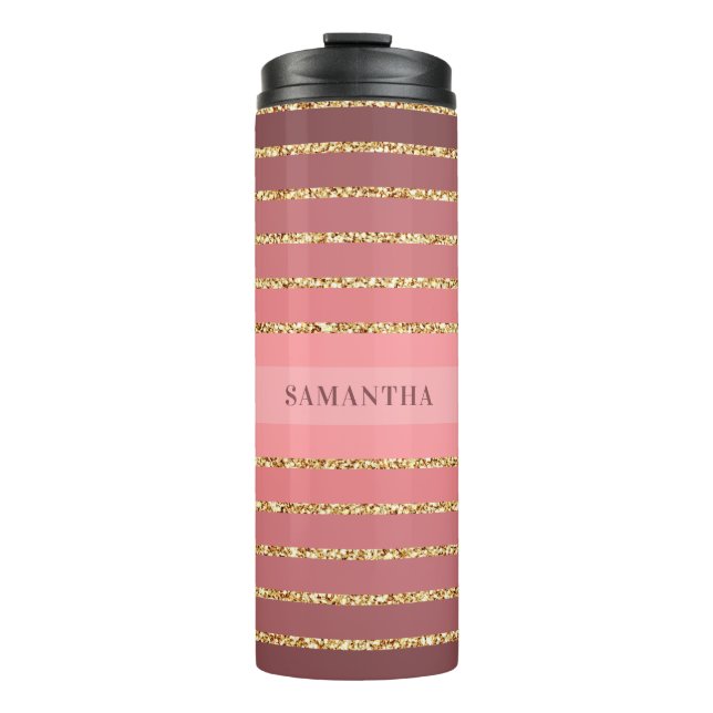 Gold Glitter Pink Stripe Pattern Name Thermal Tumbler (Front)