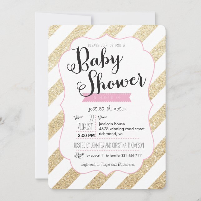 Gold Glitter & Pink Stripes Baby Shower Invite (Front)