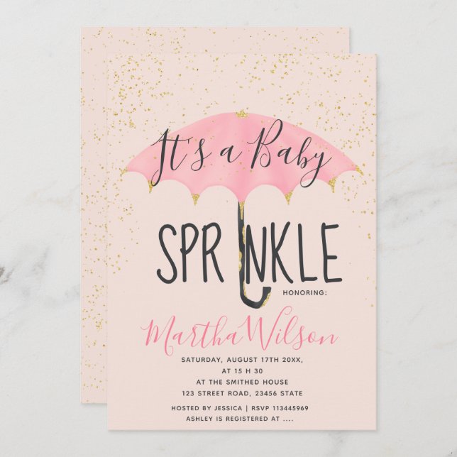 Gold glitter pink umbrella chic baby sprinkle invitation (Front/Back)