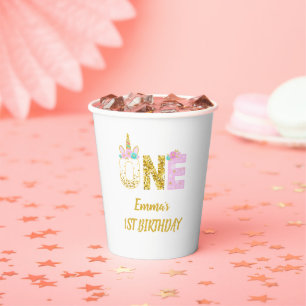 Gold Glitter Pink Unicorn 1st Birthday Paper Cups