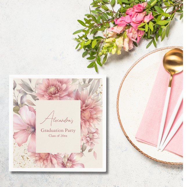 Gold glitter pink watercolor  floral graduation napkin (Creator Uploaded)