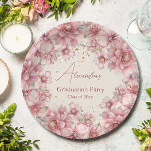 Gold glitter pink watercolor  floral graduation paper plate