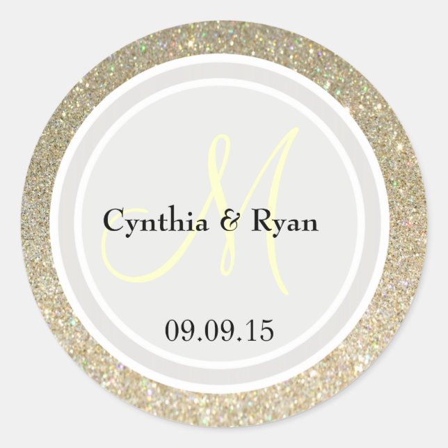 Gold Glitter & Platinum Wedding Monogram Label (Front)