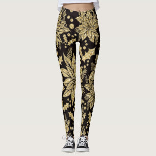 Gold Glitter Poinsetta Flowers Holiday Leggings
