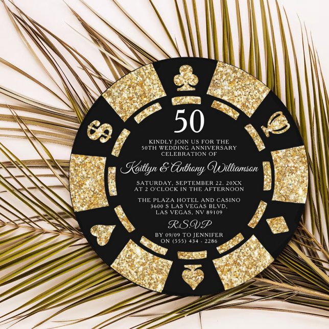 Gold Glitter Poker Chip 50th Wedding Anniversary Invitation (Creator Uploaded)