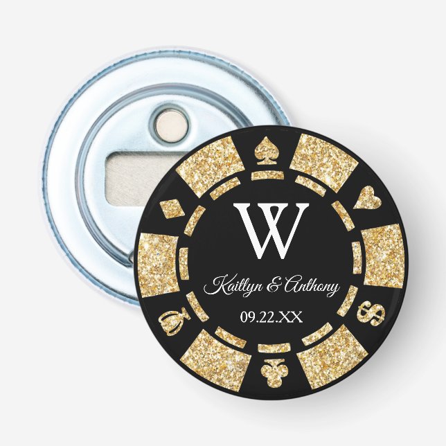 Gold Glitter Poker Chip Casino Wedding Party Favor Bottle Opener (Front)