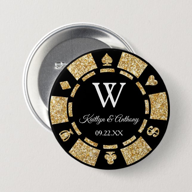 Gold Glitter Poker Chip Casino Wedding Party Favou 7.5 Cm Round Badge (Front & Back)