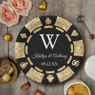 Gold Glitter Poker Chip Casino Wedding Party Paper Plate
