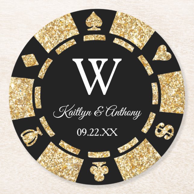 Gold Glitter Poker Chip Casino Wedding Round Paper Coaster (Front)