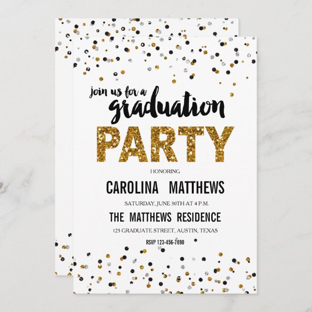 Gold Glitter Polka Dot Graduation Party Invitation (Front/Back)