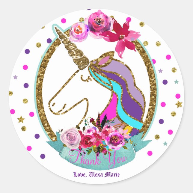 Gold Glitter Polka Dots Unicorn Birthday Party Classic Round Sticker (Front)