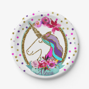 Gold Glitter Polka Dots Unicorn Birthday Party Paper Plate